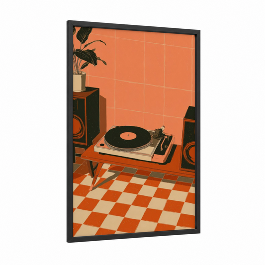 Retro Turntable Setup framed vinyl records print — black wood frame — orange and black palette