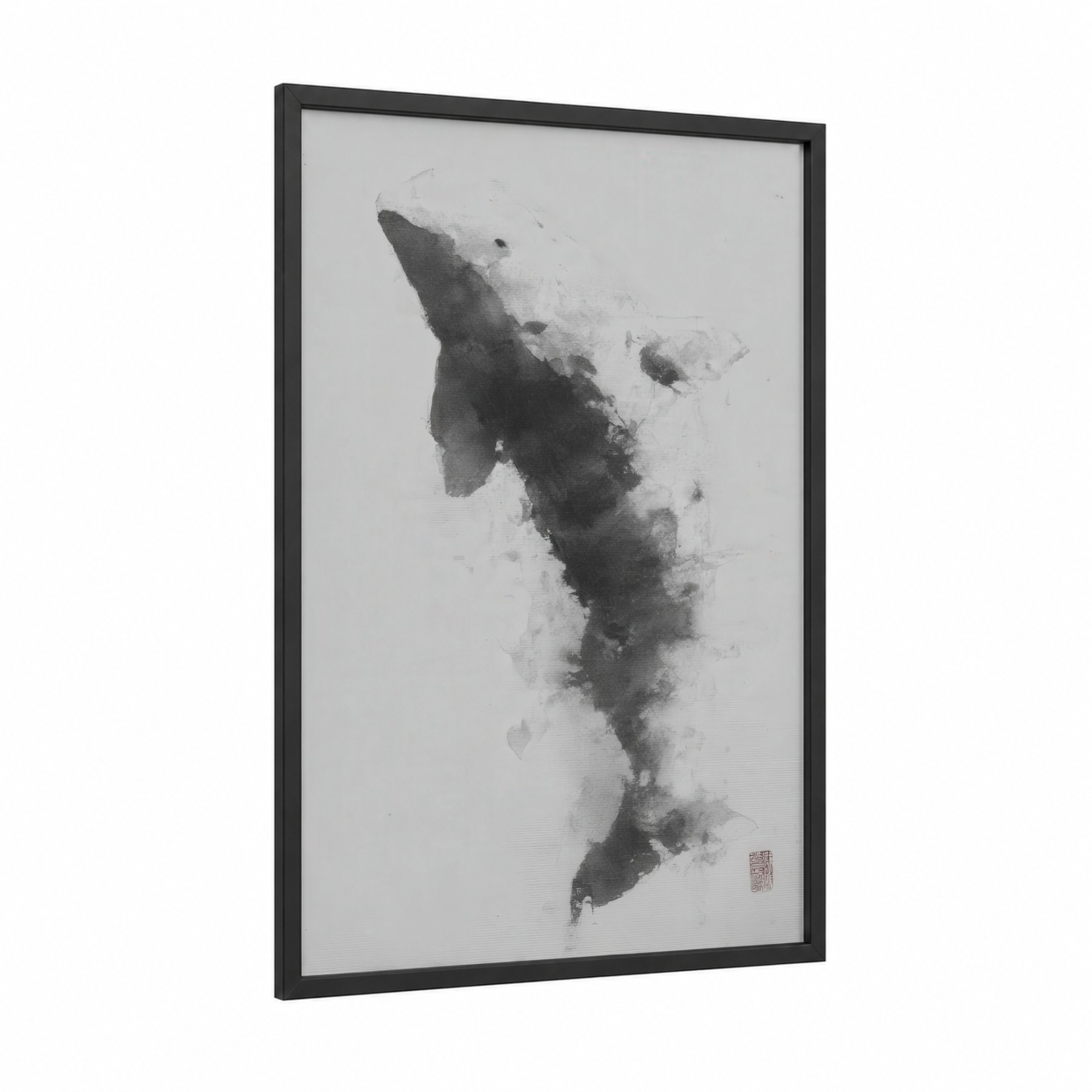 Ethereal Beluga framed beluga whale print — black wood frame — black and white and gray palette