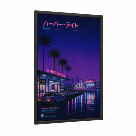 Neon Harbor Cruise Ship Wall Art framed docks and piers print — black wood frame — purple palette