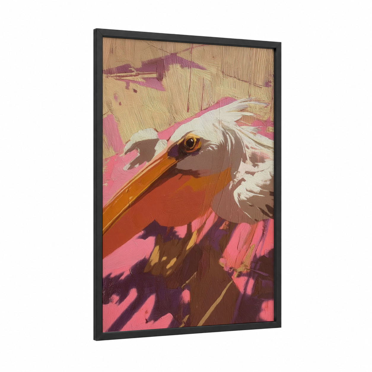 Pink Pelican Portrait framed art print — black wood frame — magenta and gold palette