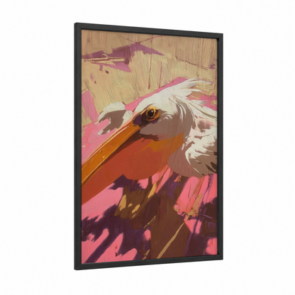 Pink Pelican Portrait framed art print — black wood frame — magenta and gold palette