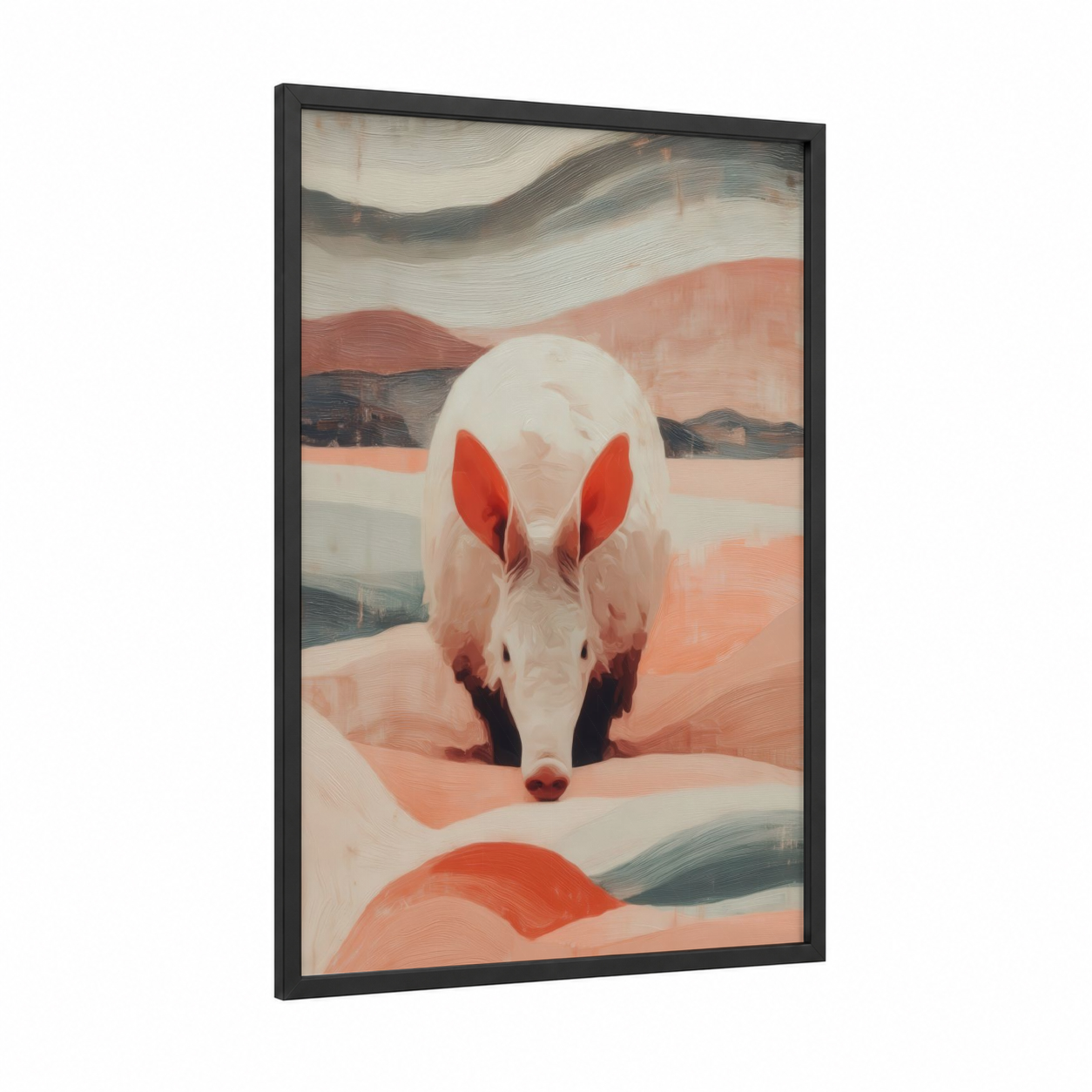 Desert Aardvark framed art print — black wood frame — peach and cream palette