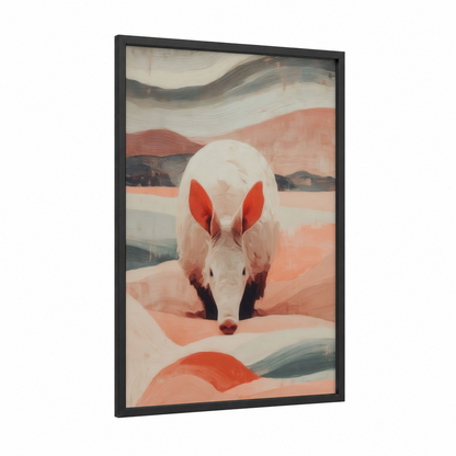 Desert Aardvark framed art print — black wood frame — peach and cream palette