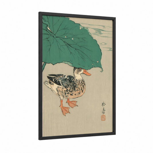 Sheltered Duck framed ducks print — black wood frame — light green and cream palette