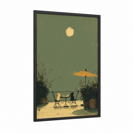 Seaside Tea Mice framed art print — black wood frame — sage green and gold palette