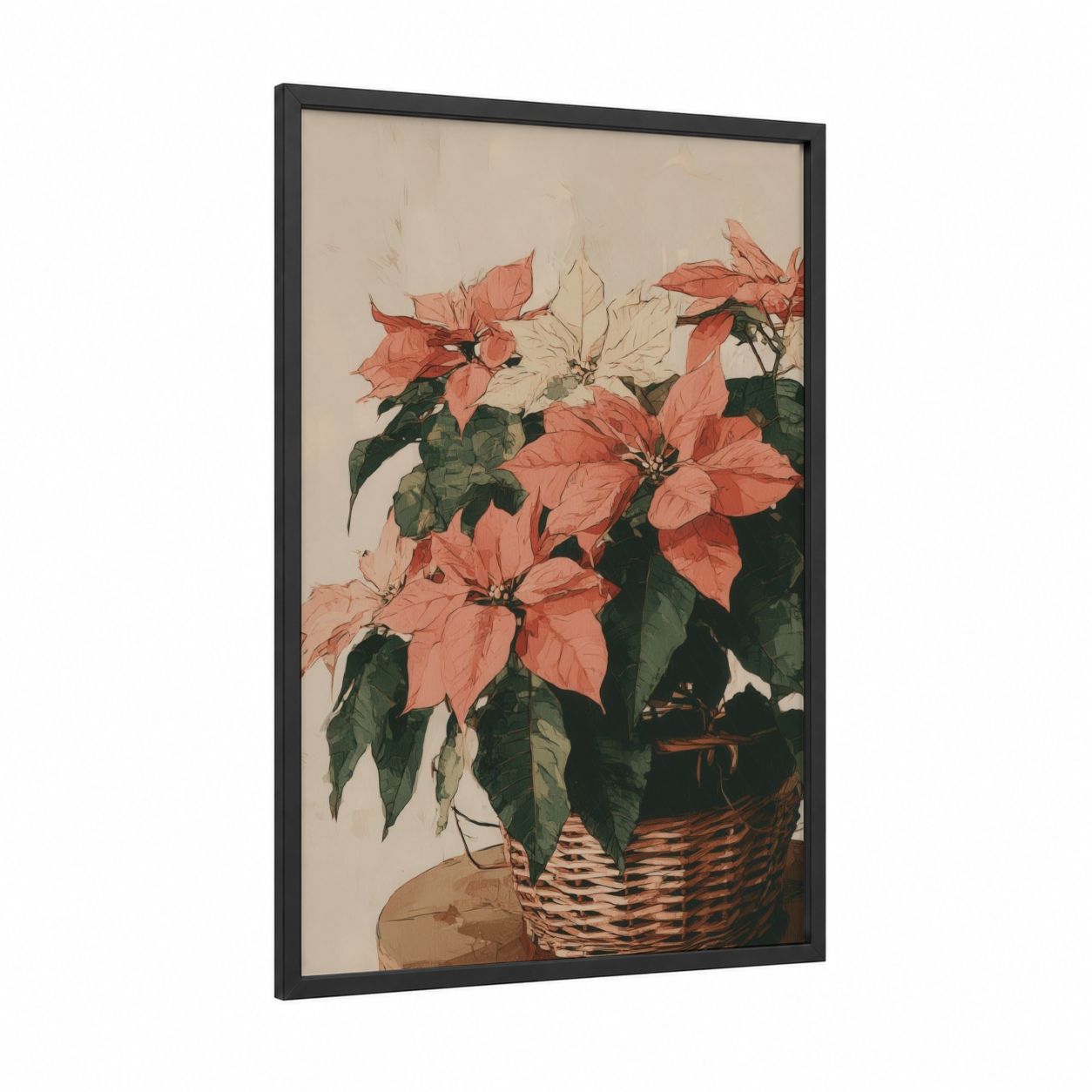 Potted Poinsettias framed art print — black wood frame — salmon pink and dark green palette