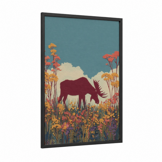Autumn Moose framed art print — black wood frame — teal and gold palette