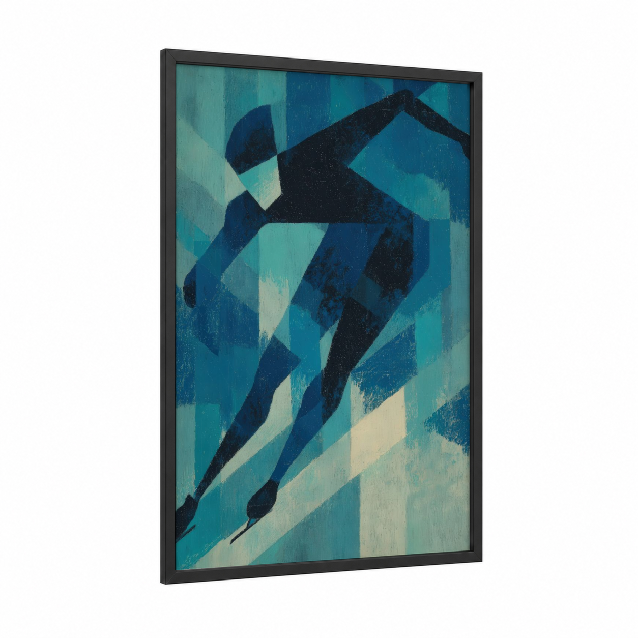 Arctic Glide framed ice skating print — black wood frame — teal and blue palette