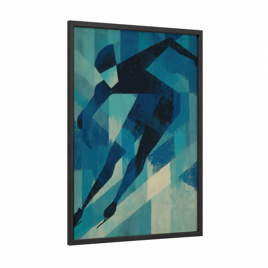 Arctic Glide framed ice skating print — black wood frame — teal and blue palette