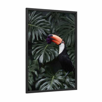 Tropical Toucan framed art print — black wood frame — dark green and orange palette