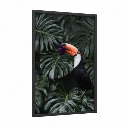 Tropical Toucan framed art print — black wood frame — dark green and orange palette
