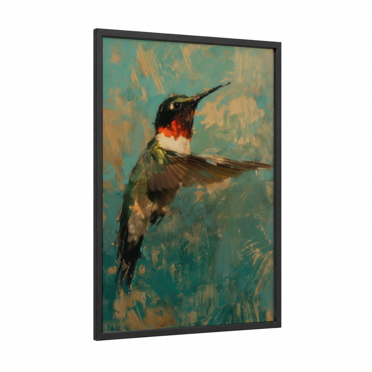 Crimson Hummingbird framed art print — black wood frame — teal and gold palette