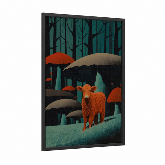 Russet Calf Forest framed angus cow print — black wood frame — russet and teal palette