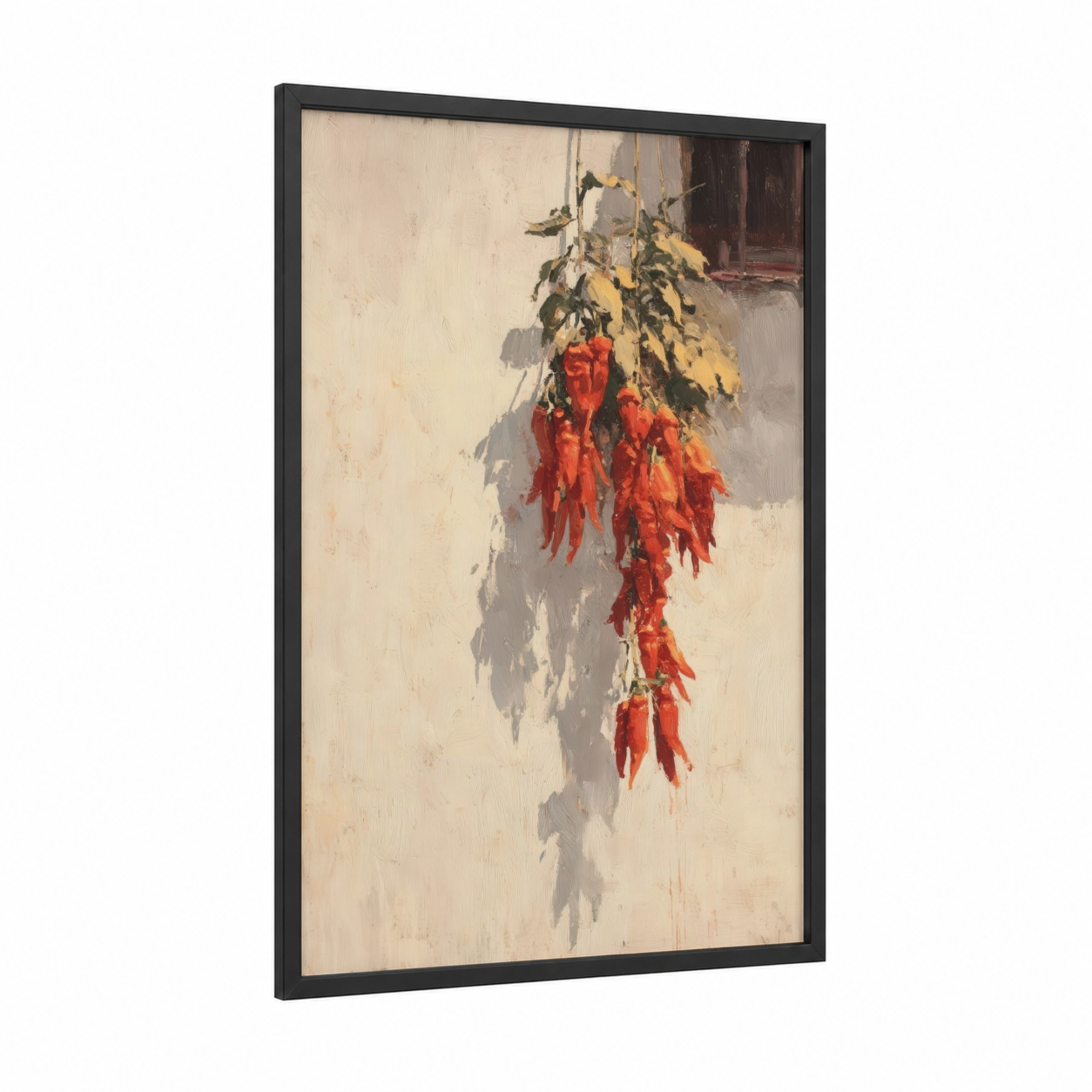 Hanging Chili Peppers framed herbs and spices print — black wood frame — red and cream palette