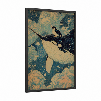 Arctic Narwhal framed penguin print — black wood frame — teal and cream palette
