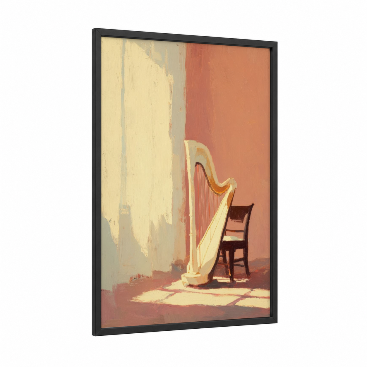 Sunlit Harp framed art print — black wood frame — peach and cream palette