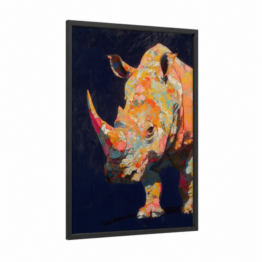 Floral Rhino framed art print — black wood frame — orange and gold palette