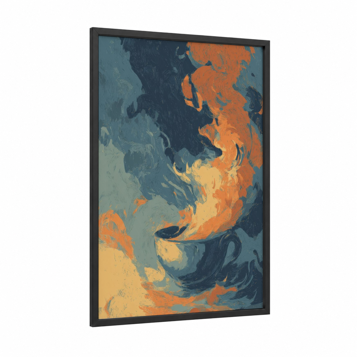 Steaming Tea Dream framed art print — black wood frame — teal and orange palette