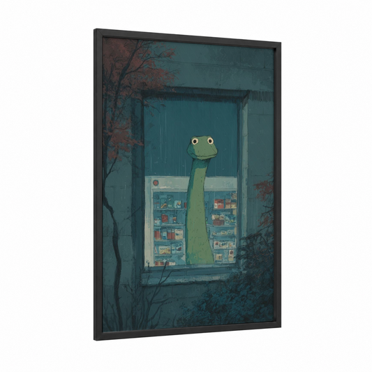 Storefront Nessie framed loch ness monster print — black wood frame — teal and russet palette
