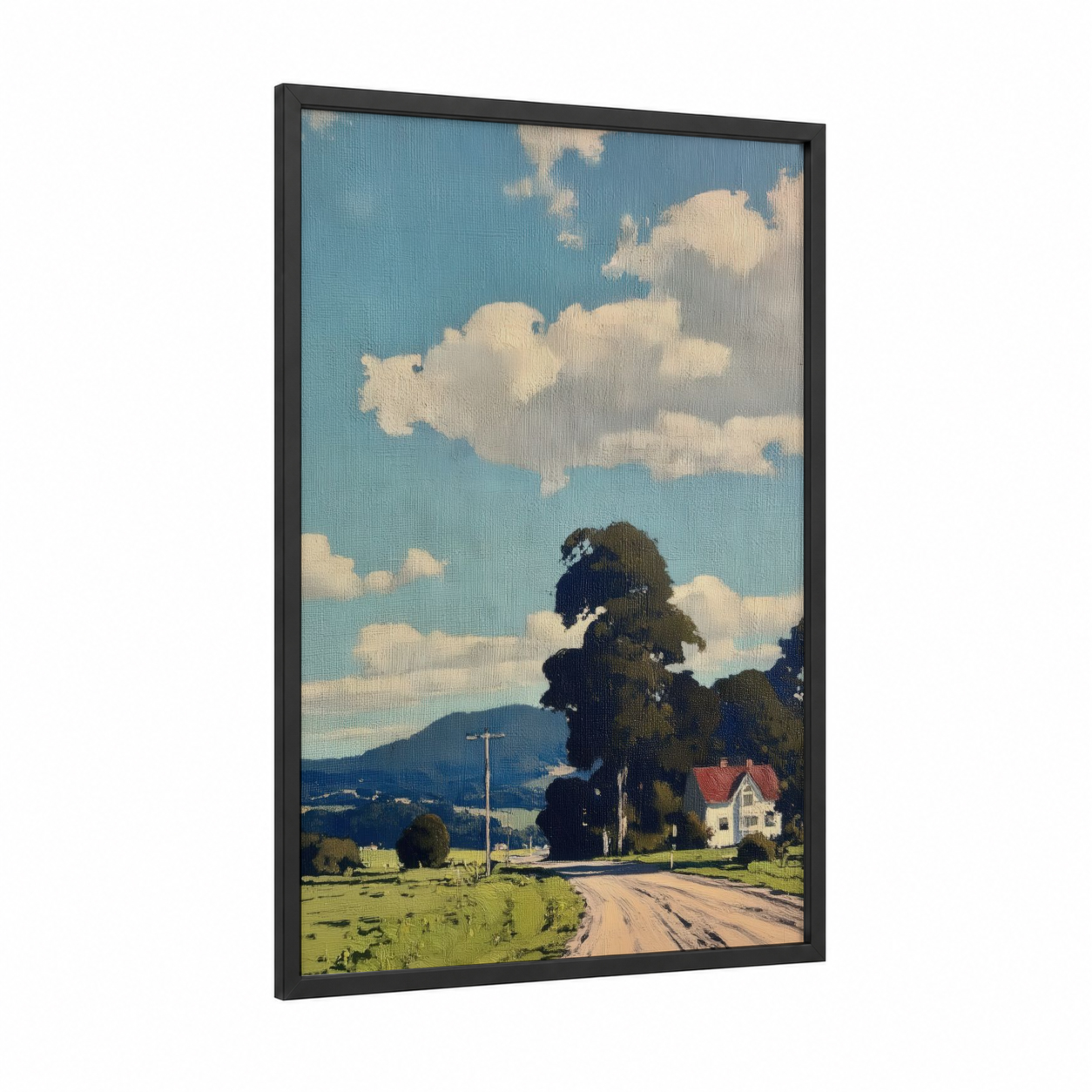 Rural Countryside Road framed various landscapes print — black wood frame — blue and green palette