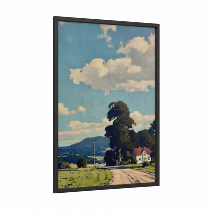 Rural Countryside Road framed various landscapes print — black wood frame — blue and green palette