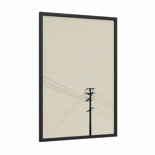 Minimalist Power Line framed power lines print — black wood frame — beige and black palette