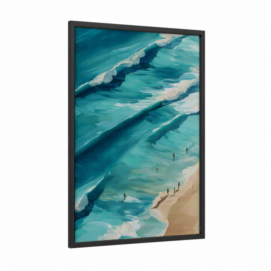 Aerial Beach Swimmers framed sandy beach print — black wood frame — turquoise and cream palette