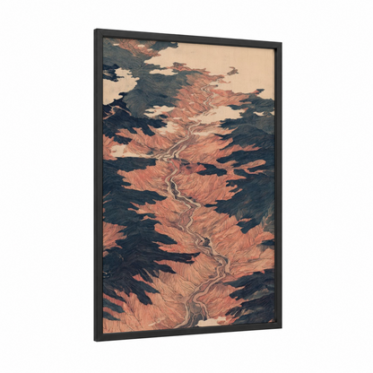 Crimson Canyon Lands framed art print — black wood frame — russet and black palette