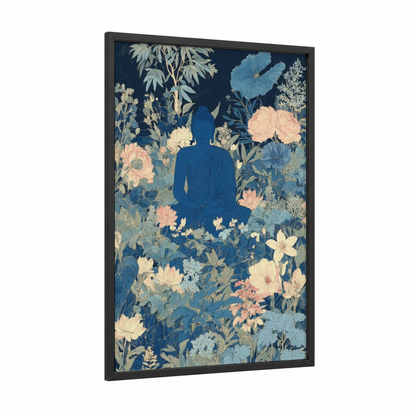 Meditative Buddha Garden framed hinduism print — black wood frame — blue and cream palette