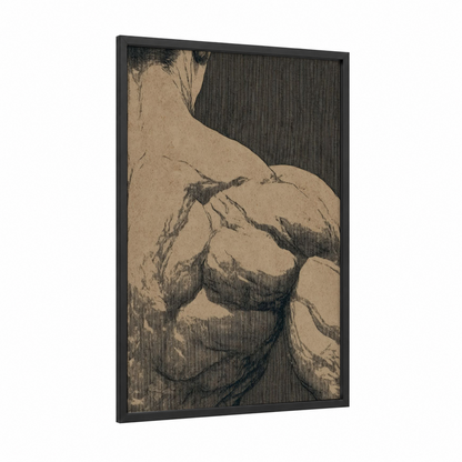 Muscular Torso Study framed bodybuilding print — black wood frame — beige and black palette