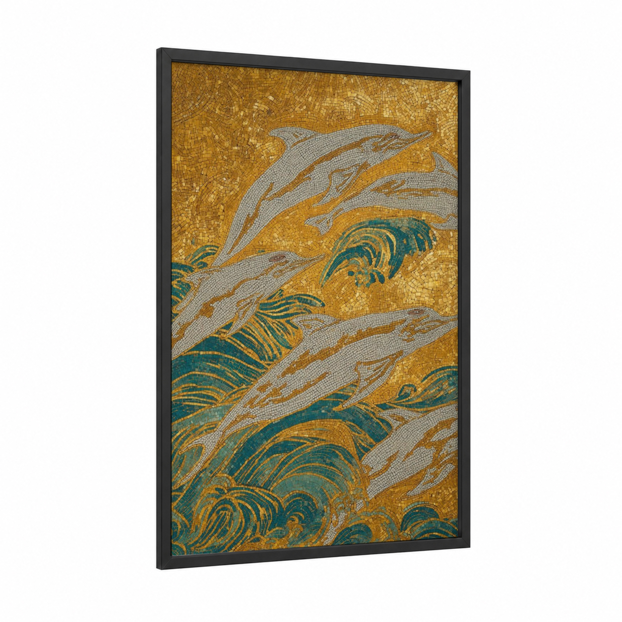 Golden Dolphins Mosaic framed art print — black wood frame — gold and teal palette