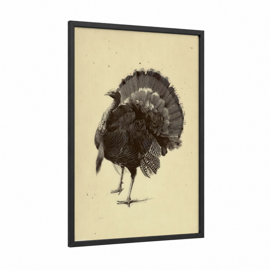 Strutting Turkey framed art print — black wood frame — cream and black and white palette