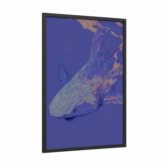 Nocturnal Basking Shark framed art print — black wood frame — royal blue and gold palette