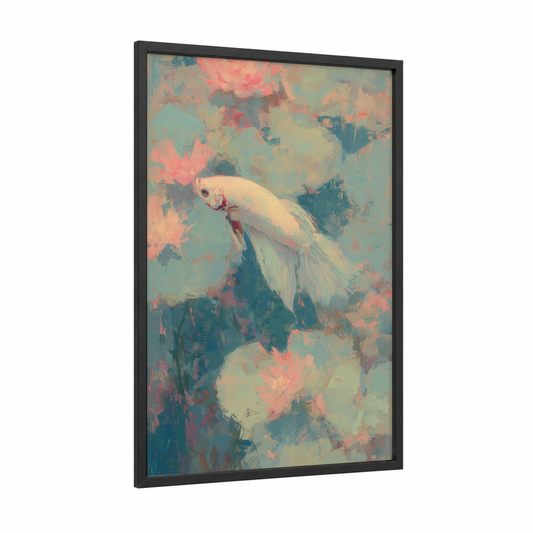 Ethereal Betta Fish framed art print — black wood frame — blue and pink palette