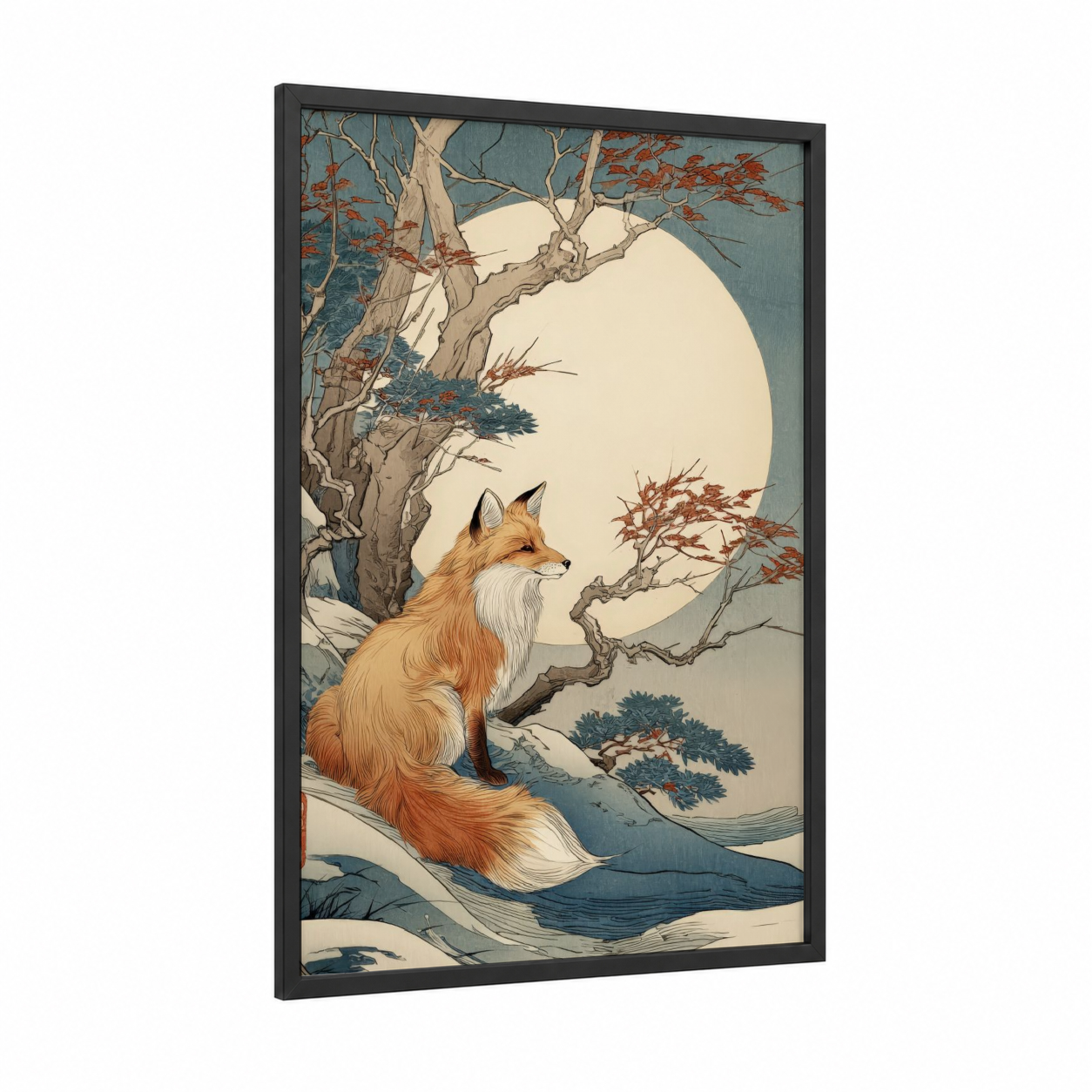Autumn Fox Moon framed art print — black wood frame — rust and cream palette