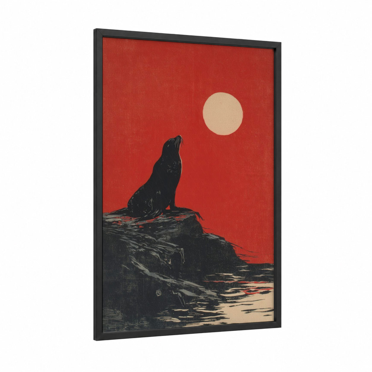 Crimson Sea Lion framed art print — black wood frame — red and black palette