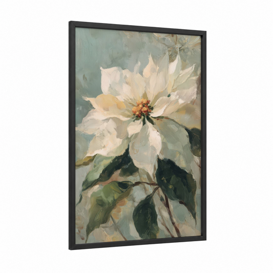 Cream Poinsettia framed poinsettias print — black wood frame — white and sage green palette