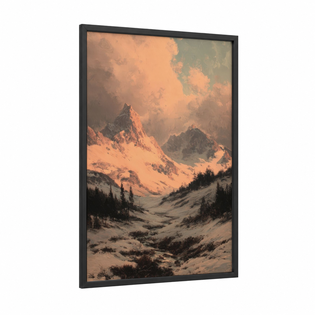 Alpine Glow Mountains framed snowy mountains print — black wood frame — peach and gray palette