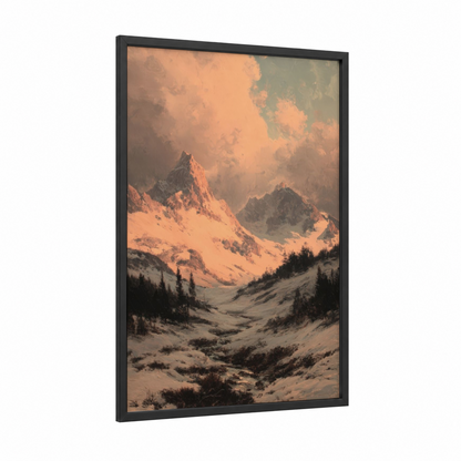 Alpine Glow Mountains framed snowy mountains print — black wood frame — peach and gray palette