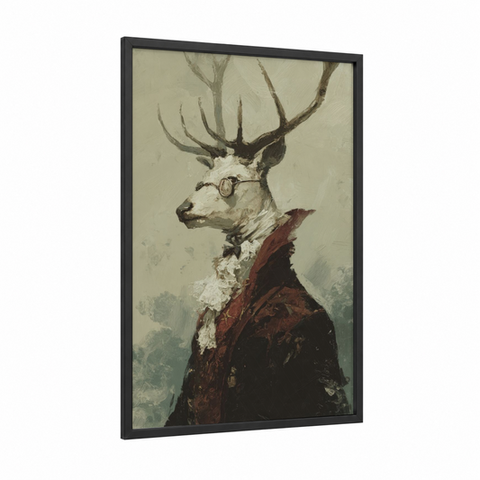 Steampunk Reindeer framed art print — black wood frame — cream and maroon palette