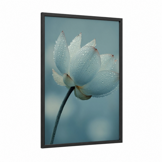 Dewy Lotus Blossom framed art print — black wood frame — blue and white palette