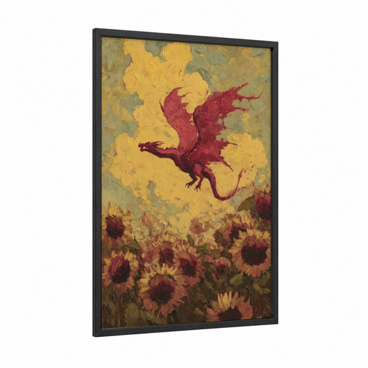 Crimson Dragon Sunflowers framed art print — black wood frame — yellow gold and maroon palette