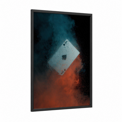 Ace of Spades framed card game print — black wood frame — teal and red palette