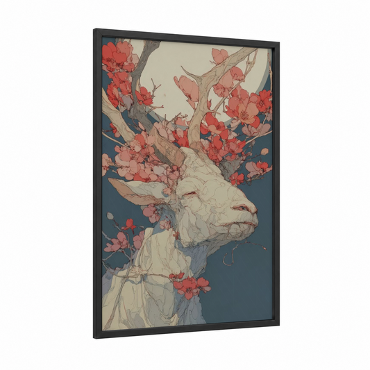 Blossom Mule framed art print — black wood frame — salmon pink and bermuda gray palette