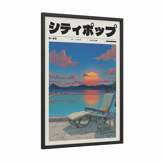 Sunset Lounge framed anime and manga print — black wood frame — gold and turquoise palette