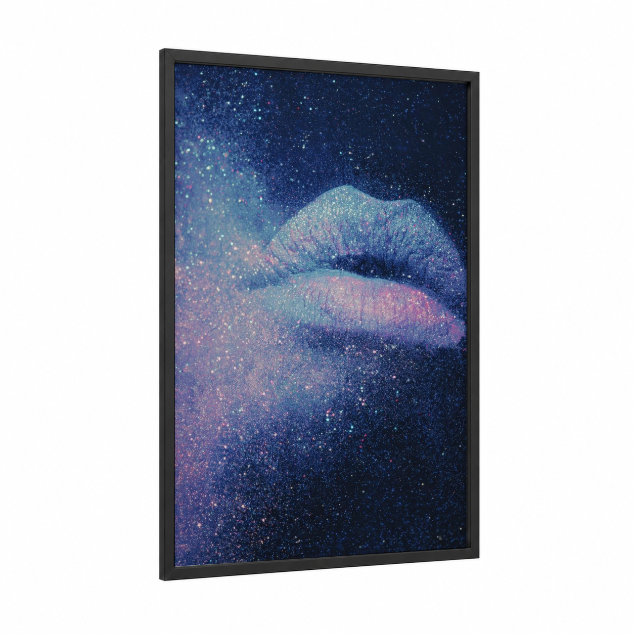 Cosmic Lips framed make up print — black wood frame — blue and magenta palette