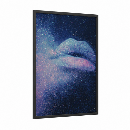 Cosmic Lips framed make up print — black wood frame — blue and magenta palette