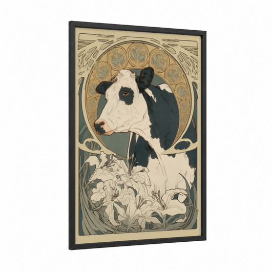 Holstein Portrait framed jersey cow print — black wood frame — cream and sage green palette