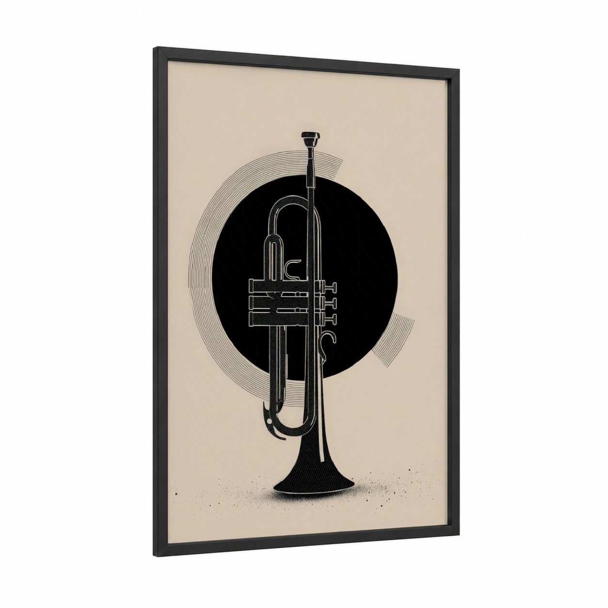 Minimalist Trumpet framed art print — black wood frame — black and beige palette