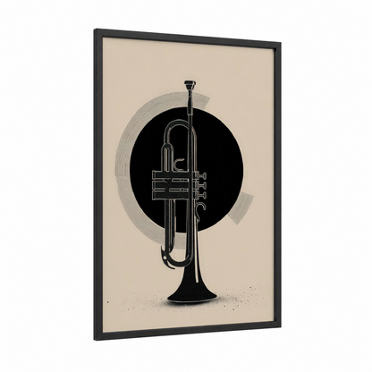 Minimalist Trumpet framed art print — black wood frame — black and beige palette